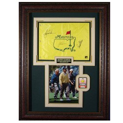 1996年美国大师赛 三代球王Palmer Nicklaus Tiger签名果岭旗与照片